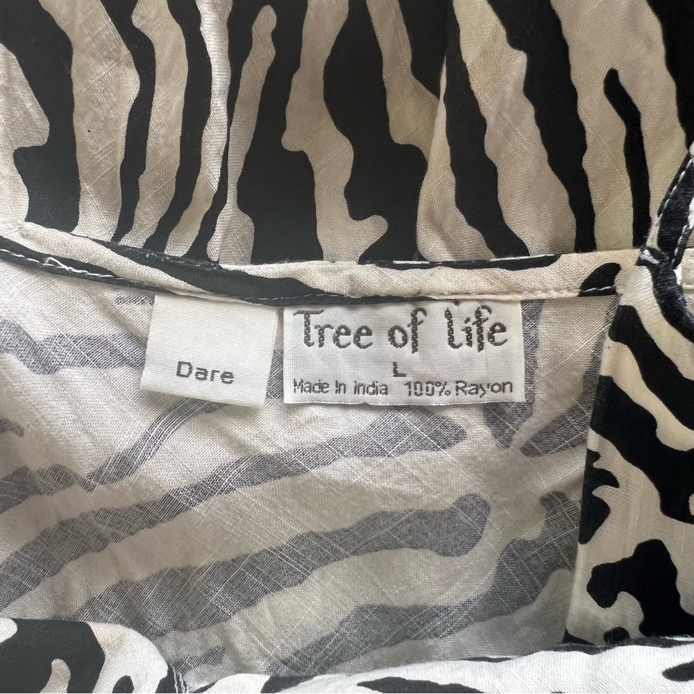 Tree of Life Mini Dress Tan Brown Zebra Animal Print African Boho Rayon Size L - Picture 9 of 11